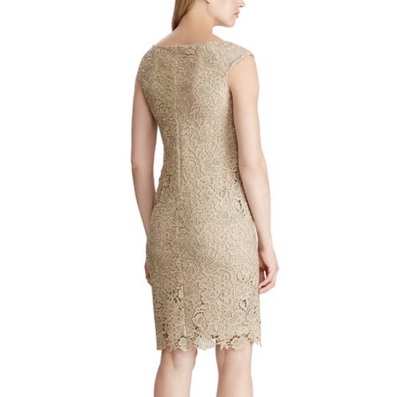 Lauren Ralph Lauren Champagne Lace Sheath Dress Gold Metallic 10 - Picture 7 of 14